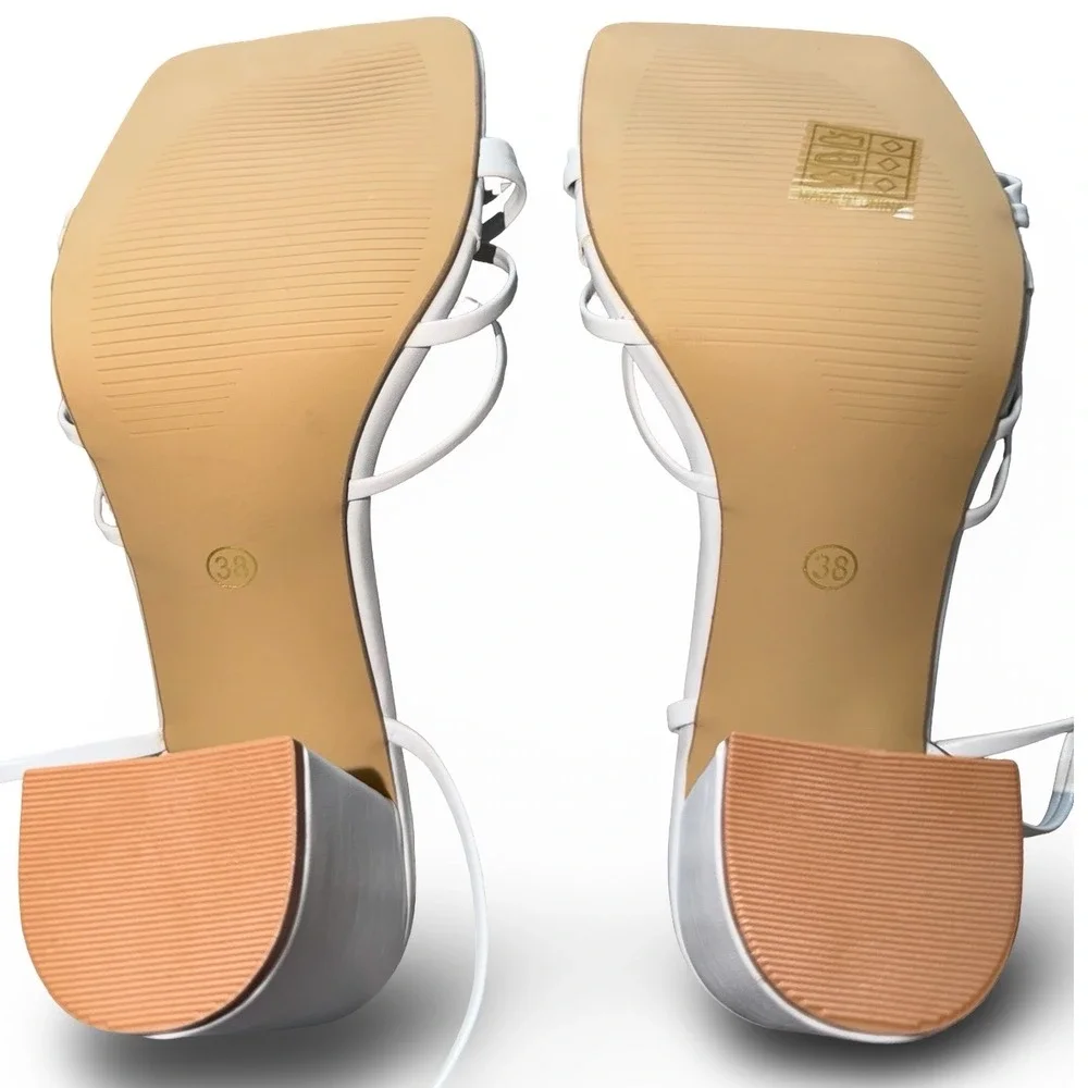 White Strappy Lace Up Block Heel Sandals Square Toe Knot Detail EUR 38 US 7.5 - Picture 5 of 12